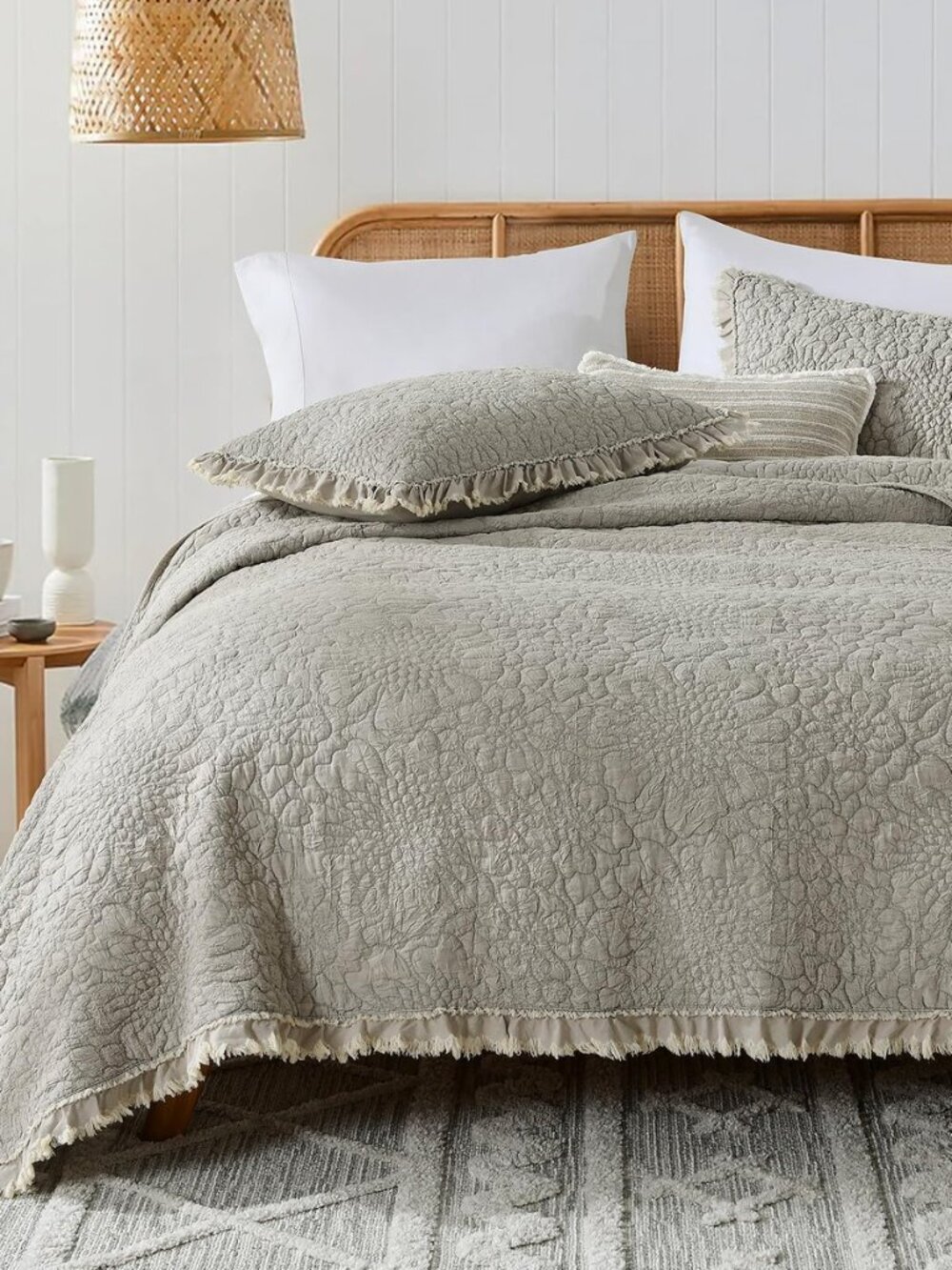 Beige Ruffled Quilt King Size, Stone-Washed Microfiber Lightweight Crinkled